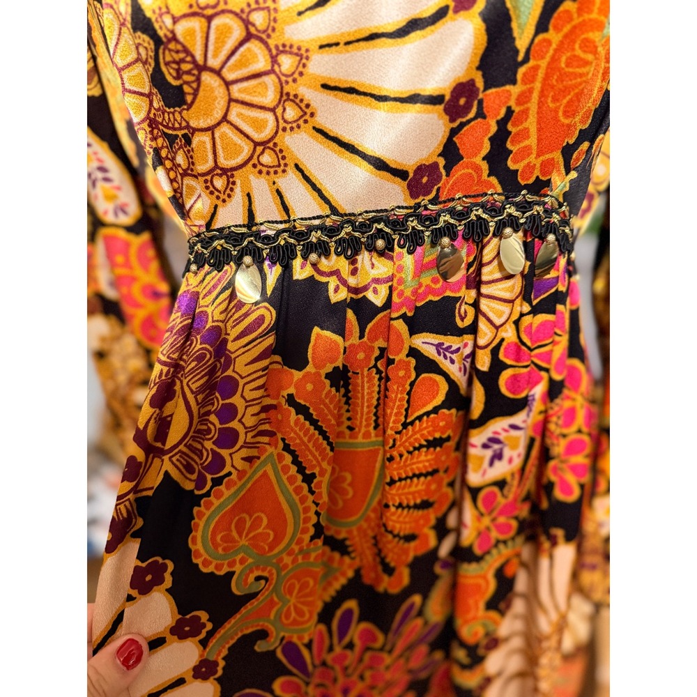 Vintage 1970s Maxi Tunic Dress High Slit Satin Boho Floral Print Long Sleeve - M - Picture 4 of 10